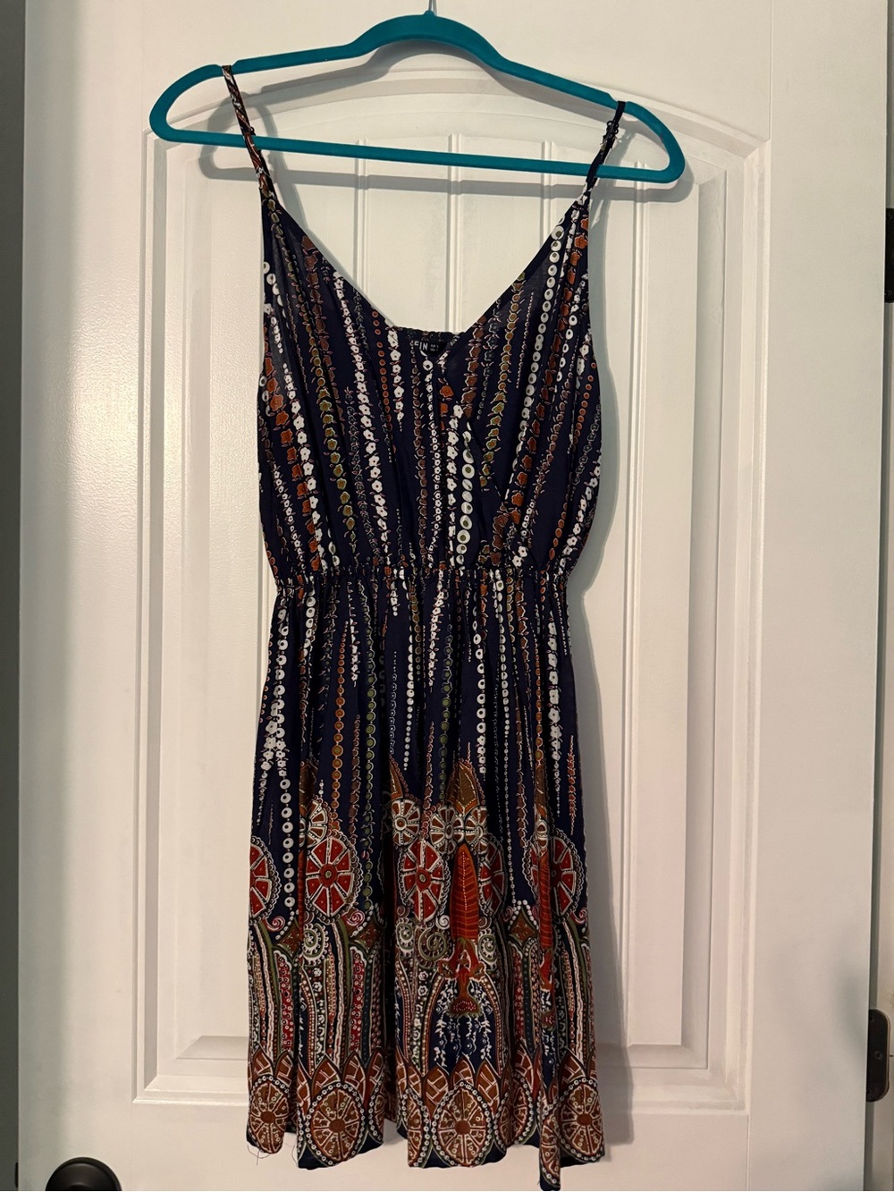 Navy Boho Print Spaghetti-Strap Mini Dress